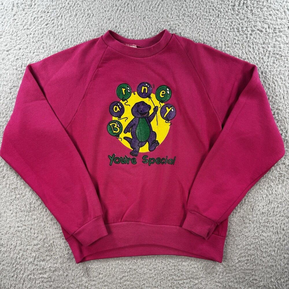 Vintage Kids Barney Spellout Graphic Print Sweatshirt 90s Cotton Youth Large